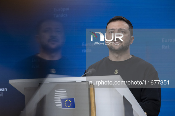 President of Ukraine Volodymyr Zelenskyy addresses a press conference during his visit at the European Council Summit, the EU leaders meetin...