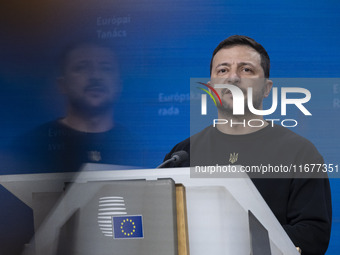 President of Ukraine Volodymyr Zelenskyy addresses a press conference during his visit at the European Council Summit, the EU leaders meetin...