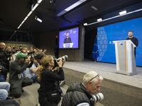 President of Ukraine Volodymyr Zelenskyy addresses a press conference during his visit at the European Council Summit, the EU leaders meetin...