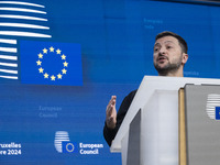 President of Ukraine Volodymyr Zelenskyy addresses a press conference during his visit at the European Council Summit, the EU leaders meetin...