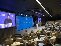 President of Ukraine Volodymyr Zelenskyy addresses a press conference during his visit at the European Council Summit, the EU leaders meetin...