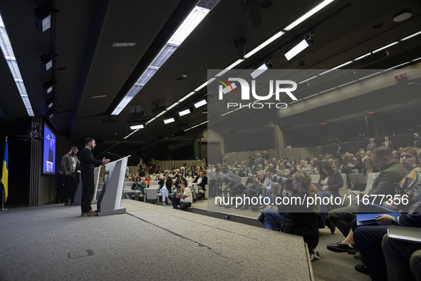 President of Ukraine Volodymyr Zelenskyy addresses a press conference during his visit at the European Council Summit, the EU leaders meetin...