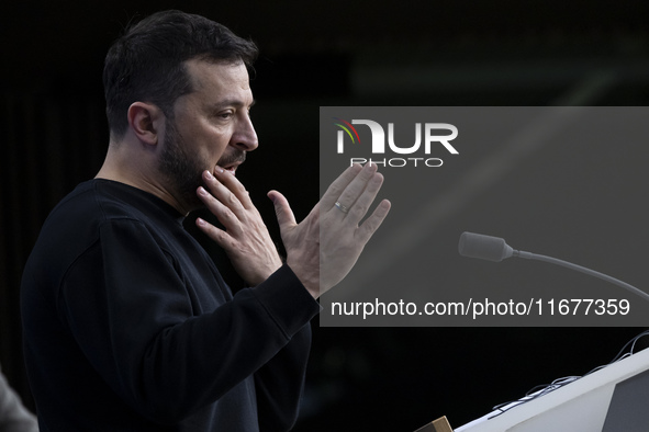 President of Ukraine Volodymyr Zelenskyy addresses a press conference during his visit at the European Council Summit, the EU leaders meetin...