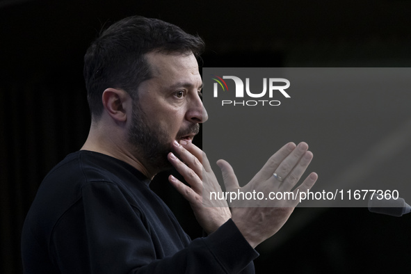 President of Ukraine Volodymyr Zelenskyy addresses a press conference during his visit at the European Council Summit, the EU leaders meetin...