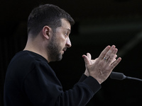 President of Ukraine Volodymyr Zelenskyy addresses a press conference during his visit at the European Council Summit, the EU leaders meetin...