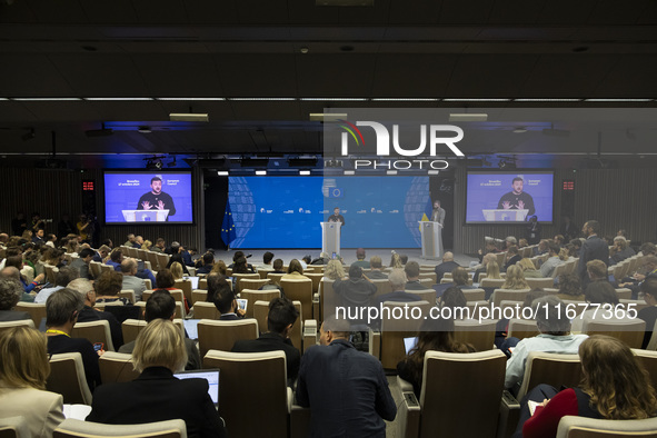 President of Ukraine Volodymyr Zelenskyy addresses a press conference during his visit at the European Council Summit, the EU leaders meetin...