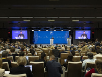 President of Ukraine Volodymyr Zelenskyy addresses a press conference during his visit at the European Council Summit, the EU leaders meetin...