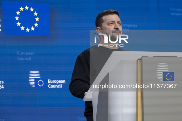 President of Ukraine Volodymyr Zelenskyy addresses a press conference during his visit at the European Council Summit, the EU leaders meetin...