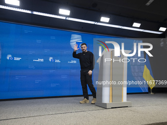 President of Ukraine Volodymyr Zelenskyy addresses a press conference during his visit at the European Council Summit, the EU leaders meetin...