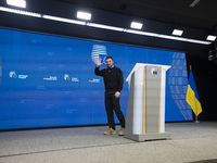 President of Ukraine Volodymyr Zelenskyy addresses a press conference during his visit at the European Council Summit, the EU leaders meetin...