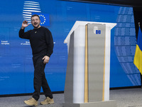 President of Ukraine Volodymyr Zelenskyy addresses a press conference during his visit at the European Council Summit, the EU leaders meetin...