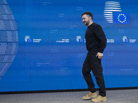 President of Ukraine Volodymyr Zelenskyy addresses a press conference during his visit at the European Council Summit, the EU leaders meetin...