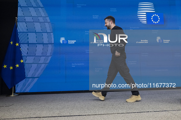 President of Ukraine Volodymyr Zelenskyy addresses a press conference during his visit at the European Council Summit, the EU leaders meetin...