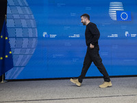 President of Ukraine Volodymyr Zelenskyy addresses a press conference during his visit at the European Council Summit, the EU leaders meetin...