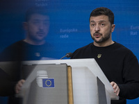 President of Ukraine Volodymyr Zelenskyy addresses a press conference during his visit at the European Council Summit, the EU leaders meetin...