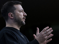 President of Ukraine Volodymyr Zelenskyy addresses a press conference during his visit at the European Council Summit, the EU leaders meetin...