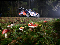 Driver Ott Tanak and co-driver Martin Jarveoja of the Hyundai Shell Mobis World Rally Team, in a Hyundai i20 N Rally1 Hybrid, face the secon...