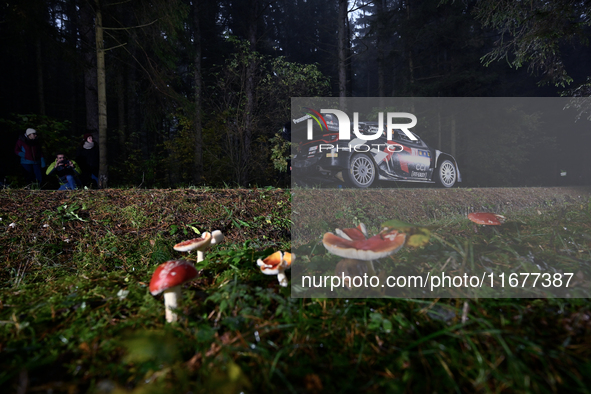 Driver Takamoto Katsuta and co-driver Aaron Johnston of Team Toyota Gazoo Racing WRT, in a Toyota GR Yaris Rally1 Hybrid, face the second da...