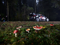 Driver Takamoto Katsuta and co-driver Aaron Johnston of Team Toyota Gazoo Racing WRT, in a Toyota GR Yaris Rally1 Hybrid, face the second da...