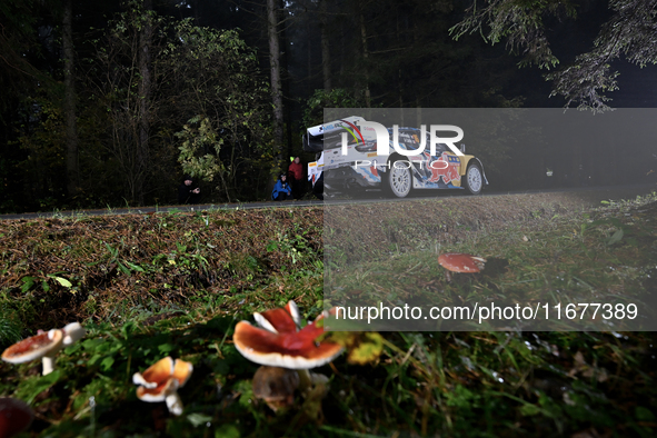 Driver Adrien Fourmaux and co-driver Alexandre Coria of the M-Sport Ford World Rally Team in the Ford Puma Rally1 Hybrid face the second day...