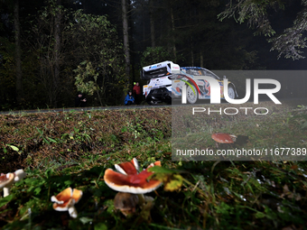 Driver Adrien Fourmaux and co-driver Alexandre Coria of the M-Sport Ford World Rally Team in the Ford Puma Rally1 Hybrid face the second day...