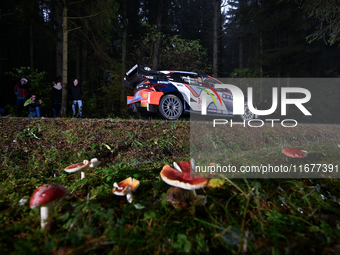 Driver Ott Tanak and co-driver Martin Jarveoja of the Hyundai Shell Mobis World Rally Team, in a Hyundai i20 N Rally1 Hybrid, face the secon...