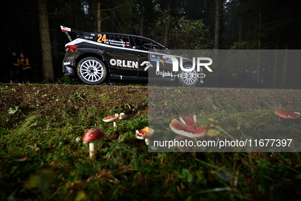 Kajetan Kajetanowicz drives and Maciej Szczepaniak co-drives a Skoda Fabia RS Rally2 car. They compete on the second day of the race during...