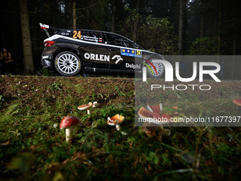 Kajetan Kajetanowicz drives and Maciej Szczepaniak co-drives a Skoda Fabia RS Rally2 car. They compete on the second day of the race during...