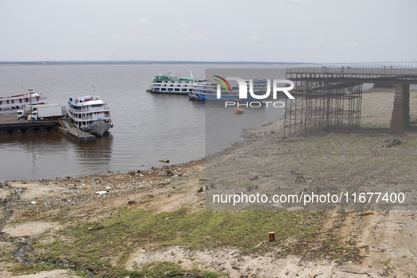 A historic drought occurs on the Negro River, as seen from the port of the city of Manaus, in Manaus, Amazonas, Brazil, on October 13, 2024....