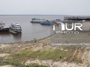 A historic drought occurs on the Negro River, as seen from the port of the city of Manaus, in Manaus, Amazonas, Brazil, on October 13, 2024....