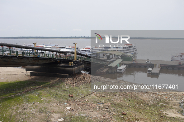 A historic drought occurs on the Negro River, as seen from the port of the city of Manaus, in Manaus, Amazonas, Brazil, on October 13, 2024....