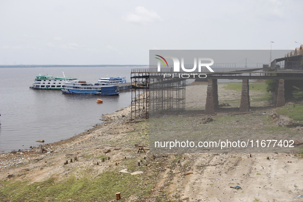 A historic drought occurs on the Negro River, as seen from the port of the city of Manaus, in Manaus, Amazonas, Brazil, on October 13, 2024....