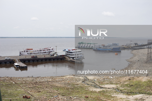 A historic drought occurs on the Negro River, as seen from the port of the city of Manaus, in Manaus, Amazonas, Brazil, on October 13, 2024....