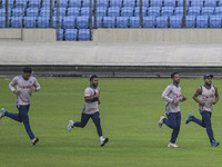 Bangladeshi cricketers attend a practice session at the Sher-e-Bangla National Cricket Stadium in Dhaka, Bangladesh, on October 18, 2024, ah...