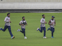 Bangladeshi cricketers attend a practice session at the Sher-e-Bangla National Cricket Stadium in Dhaka, Bangladesh, on October 18, 2024, ah...