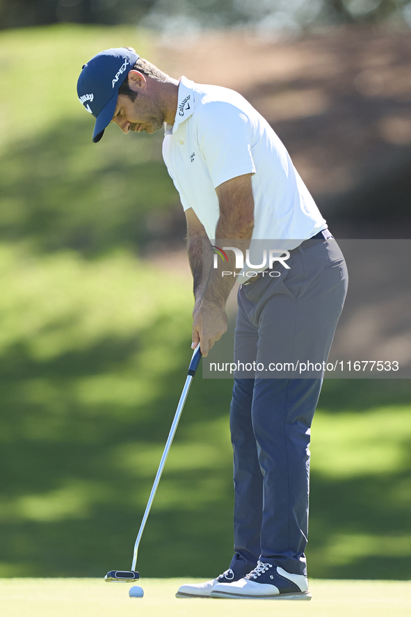 Jorge Campillo of Spain plays a shot on the 5th green during the Estrella Damm N.A. Andalucia Masters 2024 at Real Club de Golf Sotogrande i...