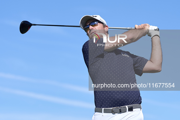 Julien Guerrier of France tees off on the 6th hole during the Estrella Damm N.A. Andalucia Masters 2024 at Real Club de Golf Sotogrande in S...