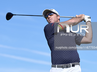 Julien Guerrier of France tees off on the 6th hole during the Estrella Damm N.A. Andalucia Masters 2024 at Real Club de Golf Sotogrande in S...