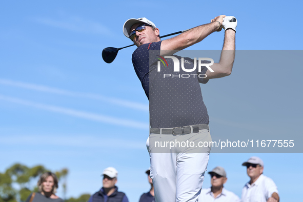 Julien Guerrier of France tees off on the 6th hole during the Estrella Damm N.A. Andalucia Masters 2024 at Real Club de Golf Sotogrande in S...