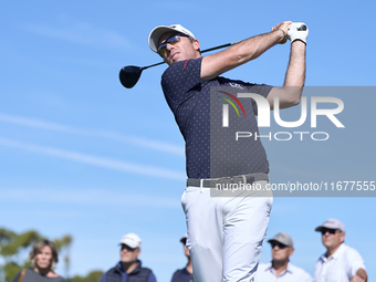 Julien Guerrier of France tees off on the 6th hole during the Estrella Damm N.A. Andalucia Masters 2024 at Real Club de Golf Sotogrande in S...