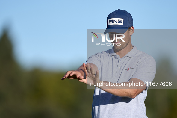 Victor Perez of France studies his shot on the 10th green during the Estrella Damm N.A. Andalucia Masters 2024 at Real Club de Golf Sotogran...