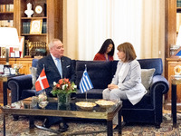 Grand Master and head of the Sovereign Military Order of Malta, Fra' John Timothy Dunlap (L), meets with the President of Greece, Katerina S...