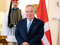 Grand Master and head of the Sovereign Military Order of Malta, Fra' John Timothy Dunlap, and Greek President Katerina Sakellaropoulou excha...