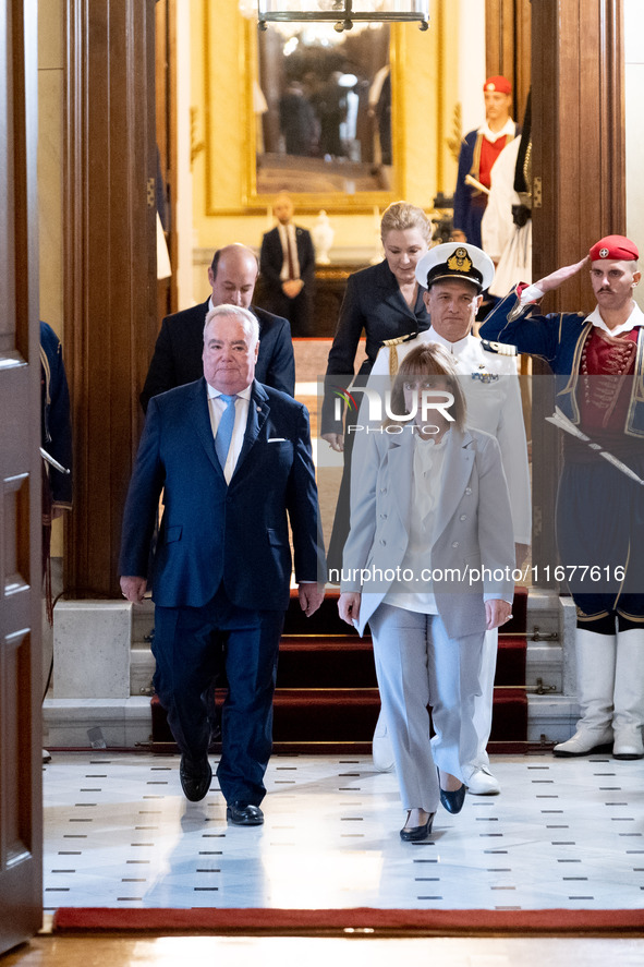 Grand Master and head of the Sovereign Military Order of Malta, Fra' John Timothy Dunlap (L), meets with the President of Greece, Katerina S...