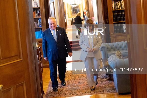 Grand Master and head of the Sovereign Military Order of Malta, Fra' John Timothy Dunlap (L), meets with the President of Greece, Katerina S...