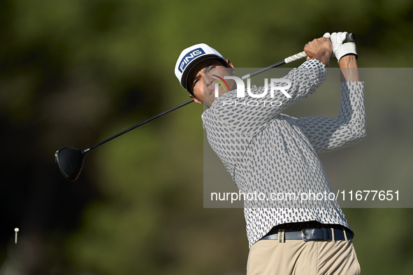 Johannes Veerman of the USA tees off on the 11th hole during the Estrella Damm N.A. Andalucia Masters 2024 at Real Club de Golf Sotogrande i...