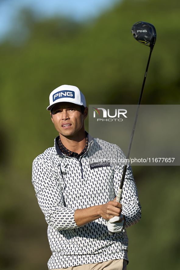 Johannes Veerman of the USA tees off on the 11th hole during the Estrella Damm N.A. Andalucia Masters 2024 at Real Club de Golf Sotogrande i...