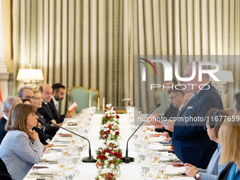 Grand Master and head of the Sovereign Military Order of Malta, Fra' John Timothy Dunlap, gives a speech during the official dinner hosted b...