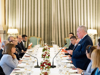 Grand Master and head of the Sovereign Military Order of Malta, Fra' John Timothy Dunlap, gives a speech during the official dinner hosted b...