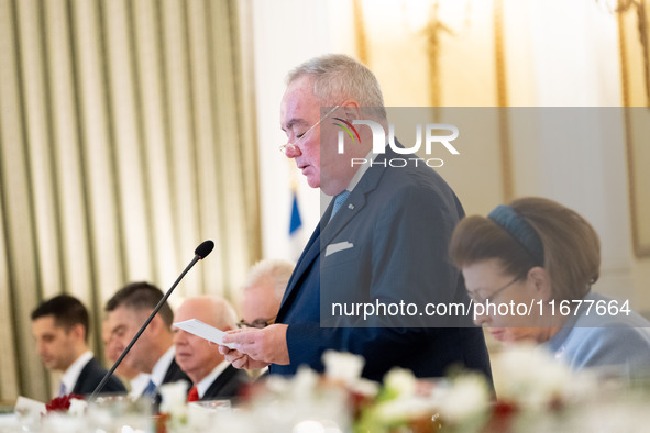 Grand Master and head of the Sovereign Military Order of Malta, Fra' John Timothy Dunlap, gives a speech during the official dinner hosted b...